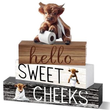 Imagem de Cinnvoice 4 peças de decoração de mesa de madeira de vaca Highland para banheiro, bandeja em camadas, decoração de mesa de fazenda, centro de mesa, presente vintage (marrom, vaca Highland)