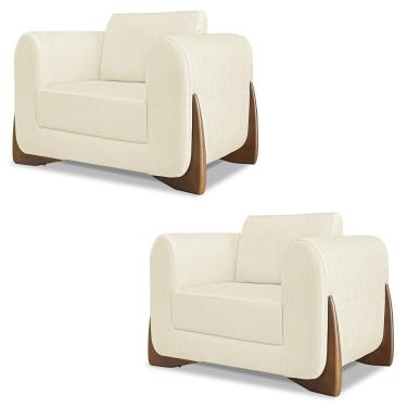 Imagem de Poltrona Para Sala Base De Madeira Kit 2 Izzy S06 Linho Pérola - Mpozenato