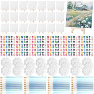 Imagem de Qilery Conjunto de 24 quadros de tela de 20 x 20 cm e cavalete para pintura, tiras de tinta acrílica, paletas, pincéis, kits de pintura de telas para crianças, adultos, artistas iniciantes, pintura