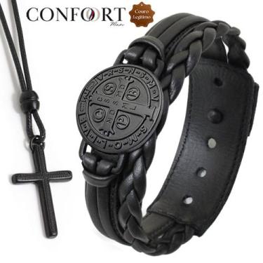Imagem de Kit Pulseira de Couro São Bento All Black Ajustável e Colar Pingente C
