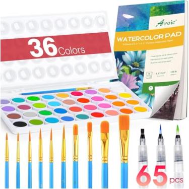 Imagem de AROIC 65 Pieces Watercolor Paint Set，36 Colors Watercolor，10 Brushes，3 Refillable Water Brush Pens，16 Page Pad（8.5 * 5.5in），Profesional Watercolor Kit for Kids, Adults, Beginners