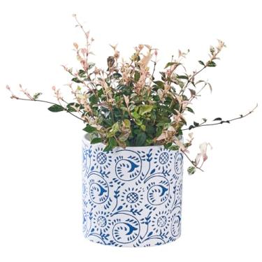 Imagem de SANDYBAYTAS Vaso de cerâmica de 15 cm para plantas de interior, vaso de padrão de flores azul e branco com orifício de drenagem, plantador moderno para decoração de casa e escritório