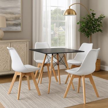 Imagem de Mesa Moderna Quadrada Eiffel Eames 90cm Preta E 4 Cadeira Leda Ergonomica Moderna Branca