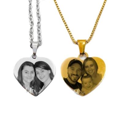 Imagem de Colar Coração Personalizado Foto Realista Desenho Frase Presente Lembrança Namorados Banhado a Prata Ouro 18K (FOTO LAPIS FRENTE E VERSO)
