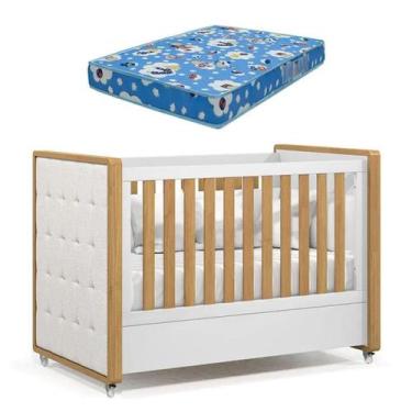 Imagem de Berço Tutto New com Capitone Matic 100% MDF Cor Branco Freijó e Colchã