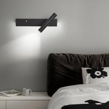 Imagem de GZZBMY LED aplique parede com 2 interruptores candeeiros de parede com porta de carregamento USB aplicações de leitura iluminação giratória ajustável quarto sala de estar cabeceira (luz branca, preto