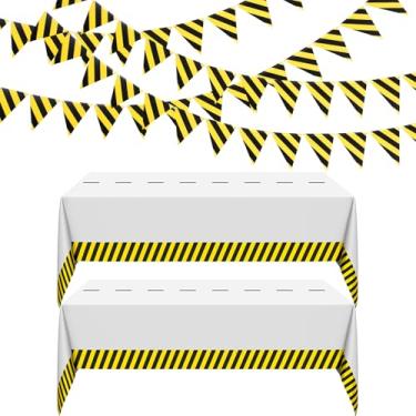 Imagem de Remagr 6 Pcs Construction Tablecloth Banner Birthday Party Supplies Decorations 4 Banners 2 Table Cloths Workplace Safety Decor Dump Truck Excavator Party Favors(White,Stripe)