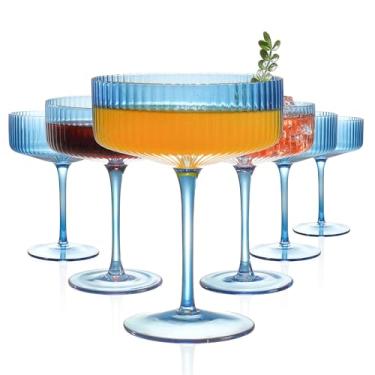 Imagem de FERAHI 6 peças de copos de cupê canelados, conjunto de copos de martini azul de 293 ml, copo de martini expresso fofo e copo de champanhe cupê, copos de bar elegantes para coquetéis, vinho