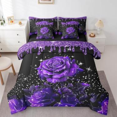 Imagem de Jogo de cama queen com rosa roxa em uma bolsa, 7 peças, galáxia com glitter, arte fluida de lantejoulas, conjunto de cama ombré, abstrato, flores de jardim, boêmio, decoração boêmia