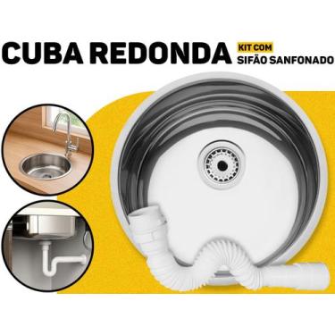 Imagem de Cuba Inox Redonda 30x14 De Embutir Tramontina + Sifão Sanfonado Univer