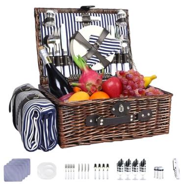 Imagem de Neti Neti Cesta de piquenique de vime para 4 pessoas com refrigerador isolado e cobertor impermeável – Grande cesto de piquenique de salgueiro para atividades ao ar livre, acampamento, praia
