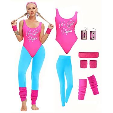 Imagem de MIAIULIA Conjunto de acessórios para fantasia de treino dos anos 80 feminino, conjunto collant neon legging faixa de cabeça conjunto de pulseiras, Lets Get Physical Pink2, M