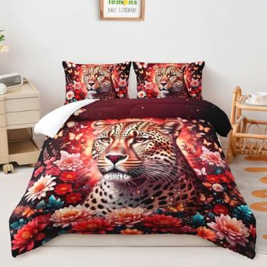 Imagem de AILONEN Conjunto de edredom de leopardo, tamanho casal, estampa de guepardo, para meninas e meninos, conjunto de edredom com tema de animal selvagem, 3 peças para decoração de quarto, 1 colcha e 2