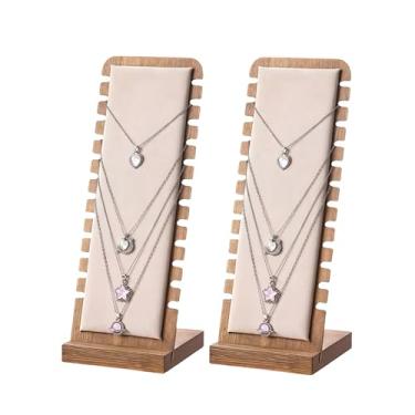 Imagem de SWTOOL 2 peças, cor de nogueira, corpo de bambu, suporte de exibição de joias com flanela bege tapete macio colar pingente suporte de exibição de mesa para shows de vendas em casa