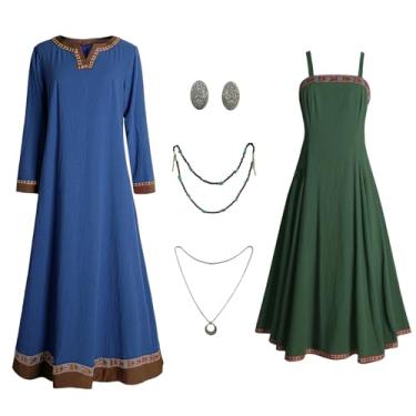 Imagem de Teyujosem Fantasia Viking Feminina Medieval Avental Underdress Colar Broches Fantasia Camponesa, Z3790bu, XXG