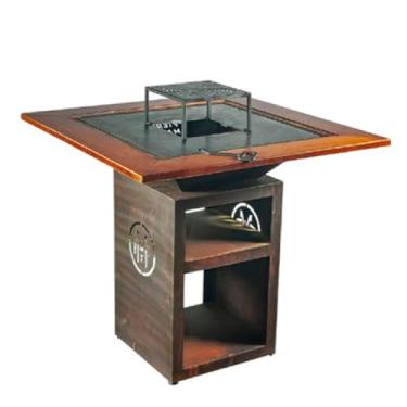Imagem de Churrasqueira Lareira a Carvão ou Lenha com Balcão Alto em Aço Carbono Corten Com Chapa Grelha em Revestimento Cerâmico E Quadro de Madeira alto padrão TECA FierroMartin HL