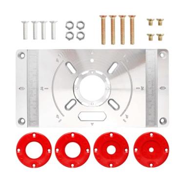 Imagem de Yakamoz Kit de placa de inserção de mesa de alumínio - 23,4 cm x 11,9 cm placa de fresa de precisão com anel central ABS vermelho placas de base para aparar madeira DIY