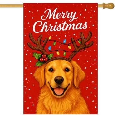 Imagem de BlissYard Merry Christmas, bandeira de jardim, Golden Retriever, chifres de rena, luzes de Natal 71 x 101 cm, faixas de quintal dupla face para amantes de cães, varanda, casa, exterior, inverno