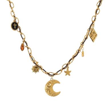 Imagem de Mixcbe Colar com pingente de flor e cruz e lua dourada para mulheres, clipe de papel, gargantilha chian, joia em camadas para mulheres, Aço inoxidável, Sem Pedra Preciosa