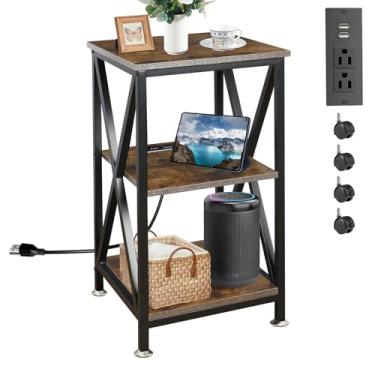 Imagem de Mesa de canto quadrada com estação de carregamento, mesa de canto de 3 andares, sala de estar, 40,6 cm P x 40,6 cm L x 71 cm A, mesa de madeira e metal com portas USB e tomadas, mesa lateral com rodas