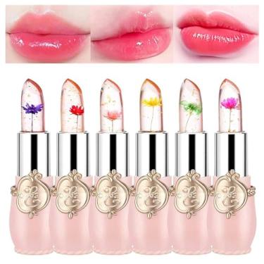 Imagem de BONNIE CHOICE Conjunto de 6 batons de geleia de flor de cristal, hidratante de mudança de temperatura, batom de flor de longa duração, protetor labial nutritivo, cor mágica, brilho labial, maquiagem
