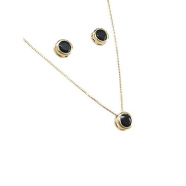 Imagem de Conjunto Brinco e Colar Redondo Preto Semi Joia Banhado Ouro 18k - Ste