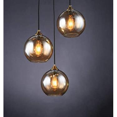 Imagem de Lustre Moderno Mesa De Jantar Lâmpada Pendente, 3 Luzes ø20cm Bola De Vidro Pendurada Lâmpada Altura Ajustável E27 Luz De Teto Para Sala De Jantar Sala De Estar Quarto, 3 Flame Amber