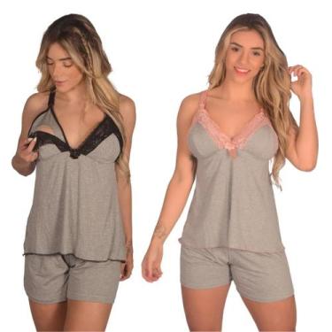 Imagem de Kit 2 Baby Doll Pijama Amamentação Luxo de Malha Rendado Renda Pós Par