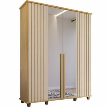 Imagem de Guarda Roupas de Casal RV Móveis Holanda Ripado largura de 161,5 cm 4 portas 3 gavetas com espelho e pés Cinamomo OFF White