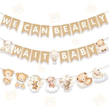Imagem de VitalCozy 3 peças We Can Bearly Wait Faixa de chá de bebê Burlap Bunting Juta Bear Theme Baby Shower Party Decorações Banner de aniversário para meninos e meninas decoração de festa de aniversário