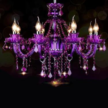 Imagem de Bagood Lustre De Cristal K9 Roxo Com 8 Luzes, Luminária Pendente Moderna Para Teto, Luminária Para Sala De Jantar, Sala De Estar, Quarto, Entrada, Decoração Elegante, Base E12, Altura 20,5 X Largura