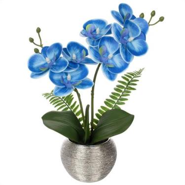 Imagem de Flores artificiais de orquídea azul brilhante com vaso prateado de 33 