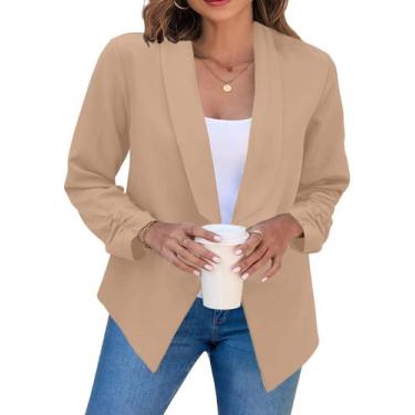 Imagem de Blazer BOFETA feminino, manga comprida, lapela, franzido, cáqui, L