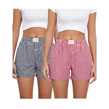 Imagem de Shorts boxer xadrez femininos de algodão da Pijama Bottoms xadrez xadr