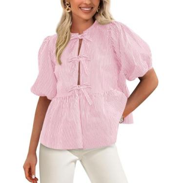 Imagem de Blusa feminina PRETTYGARDEN com gravata frontal listrada 2025 rosa