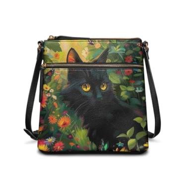 Imagem de HUGS IDEA Bolsas de ombro femininas, bolsa transversal, bolsa tiracolo de tamanho grande, bolsas de mão de couro, Gato preto floral