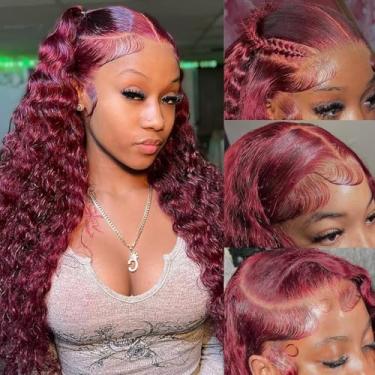 Imagem de Peruca Borgonha Cabelo Humano 99j Borgonha 13x6 HD Transparente Onda Profunda Lace Front Perucas Cabelo Humano Densidade 180 Pré-Arrancado Vermelho Virgem Brasileiro Cabelo Humano Para Mulheres Negras