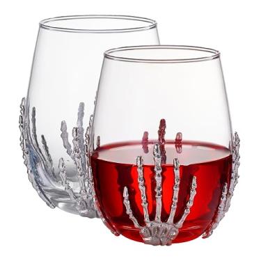 Imagem de Conjunto de 2 taças de vinho de esqueleto sem haste de Halloween com 2 copos góticos de 5 polegadas de altura para presentes de esqueleto, decoração assustadora, festas temáticas de cemitério
