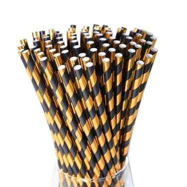 Imagem de Canudos descartáveis de papel - Canudos biodegradáveis listrados em ouro preto para formatura, aniversário, festa, bares, 19,7 cm