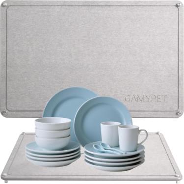 Imagem de GAMYPET Tapete de secagem de pratos de pedra 61 cm × 40,6 cm grandes pratos de terra de diatomáceas almofada de secagem rápida para balcão de cozinha com pés de aço inoxidável elevados, serve para