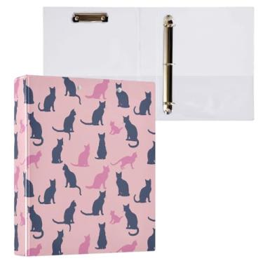 Imagem de Fichário de 3 anéis com silhueta de gatinhos fofos sentados em diferentes poses, fichário decorativo de 3,8 cm com prancheta e 3 bolsos transparentes, comporta 200 folhas de papel tamanho A4 fichários