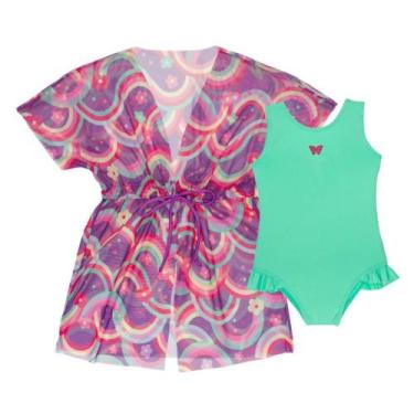 Imagem de Kit Maiô Liso + Saída de Praia Tule Infantil Natação Menina - Fofotinh