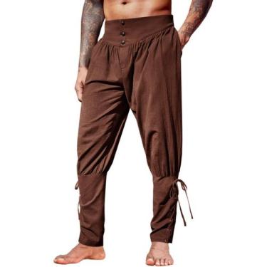 Imagem de Calça de tornozelo masculina medieval de linho Runcati com cadarço