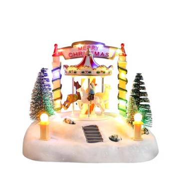 Imagem de Bdor Decoração de mesa de carrossel de Natal – Carrossel musical iluminado com renas e árvores – Cena de Natal operada por bateria – 19 cm x 14 cm x 15 cm de centro de mesa com luzes LED e música
