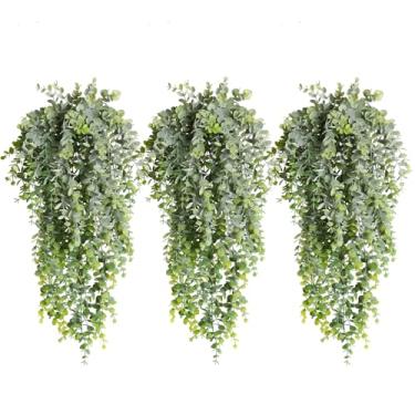 Imagem de RECUTMS Eucalipto artificial pendurado, 3 peças, plantas falsas de eucalipto, folhas de eucalipto, verduras, folhas de plástico realistas, decoração para casa, prateleira, quarto, casamento, ambientes