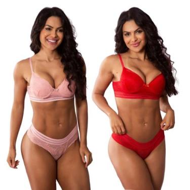 Imagem de Kit 2 Conjuntos Sutiã com Bojo e Calcinha Renda Feminina Elástico na C