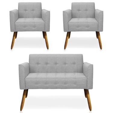 Imagem de Conjunto 2 Poltronas e 1 Namoradeira Pés Palito Karen Linho Cinza - Gran Belo