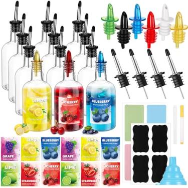 Imagem de Maxcheck 12 garrafas de plástico para suco de barra, garrafas vazias de suco com garrafa de arco-íris e tampas de plástico de pescoço longo para xarope de suco, festa de férias de verão (473 ml)