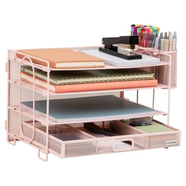 Imagem de Mind Reader Organizador de mesa de malha, 3 bandejas, 1 gaveta, 2 porta-canetas, organizador de mesa de escritório, malha de metal, rosa