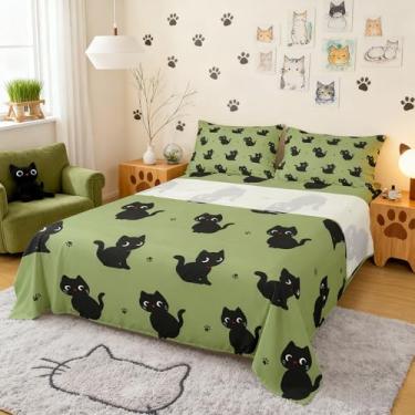 Imagem de Jogo de lençol kawaii para crianças, estampa de pata de gato, tema de animais de estimação, decoração de casa com bolso profundo, lençol de cima, tamanho solteiro
